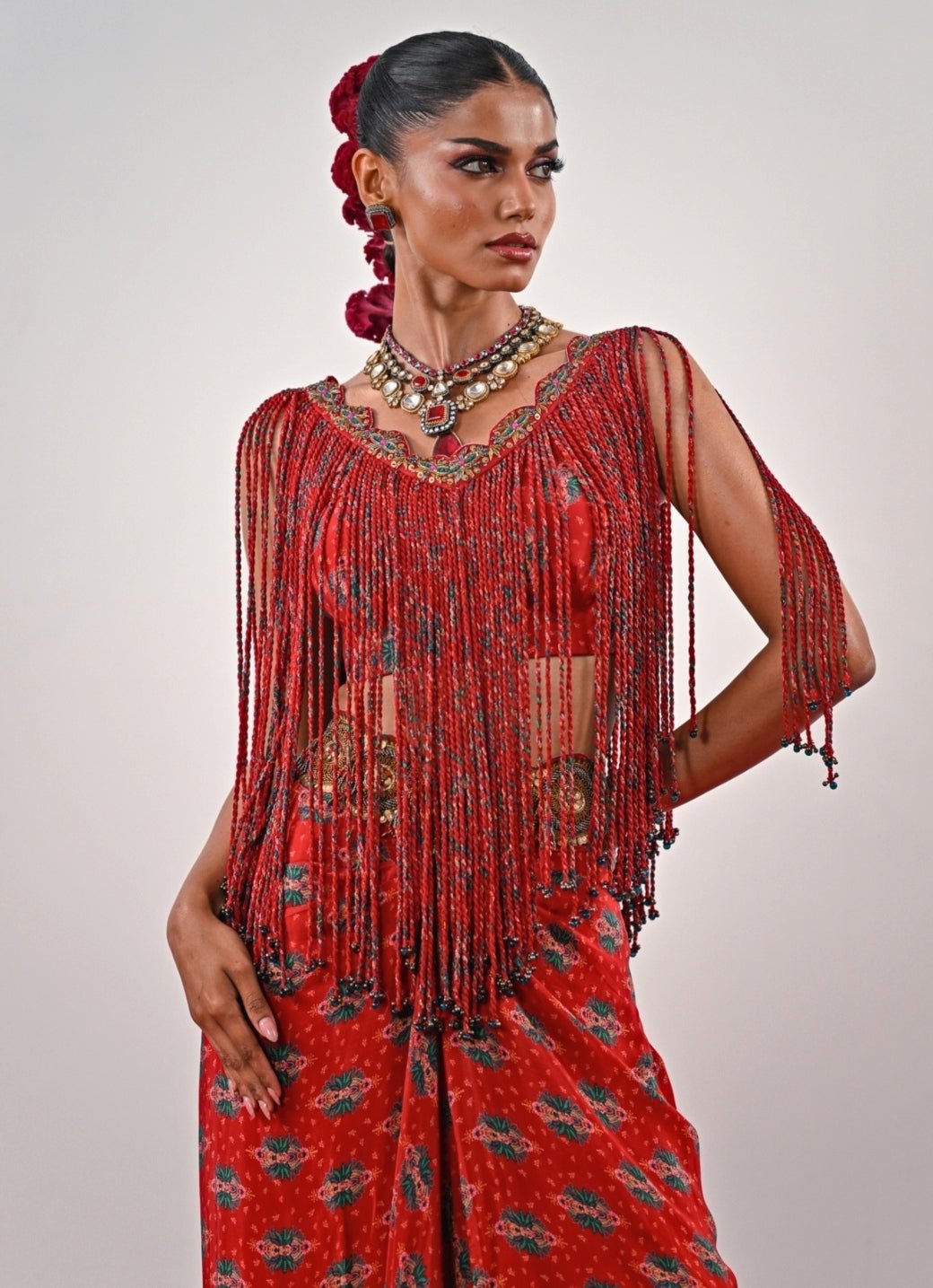 Red Printed Crepe Dhoti Set With Tassle Top Juhi Bengani - Fabilicious Fashion