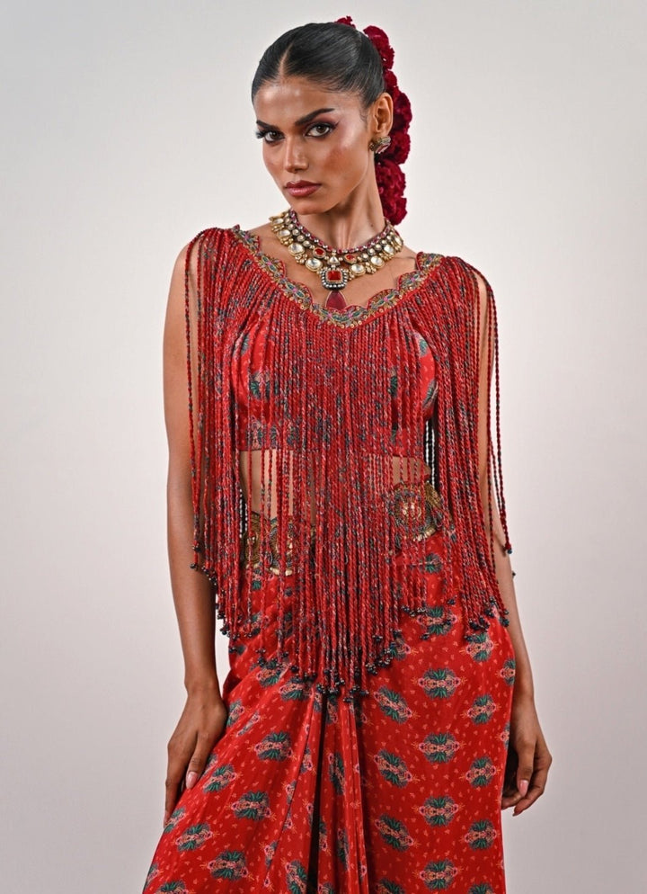 Red Printed Crepe Dhoti Set With Tassle Top Juhi Bengani - Fabilicious Fashion