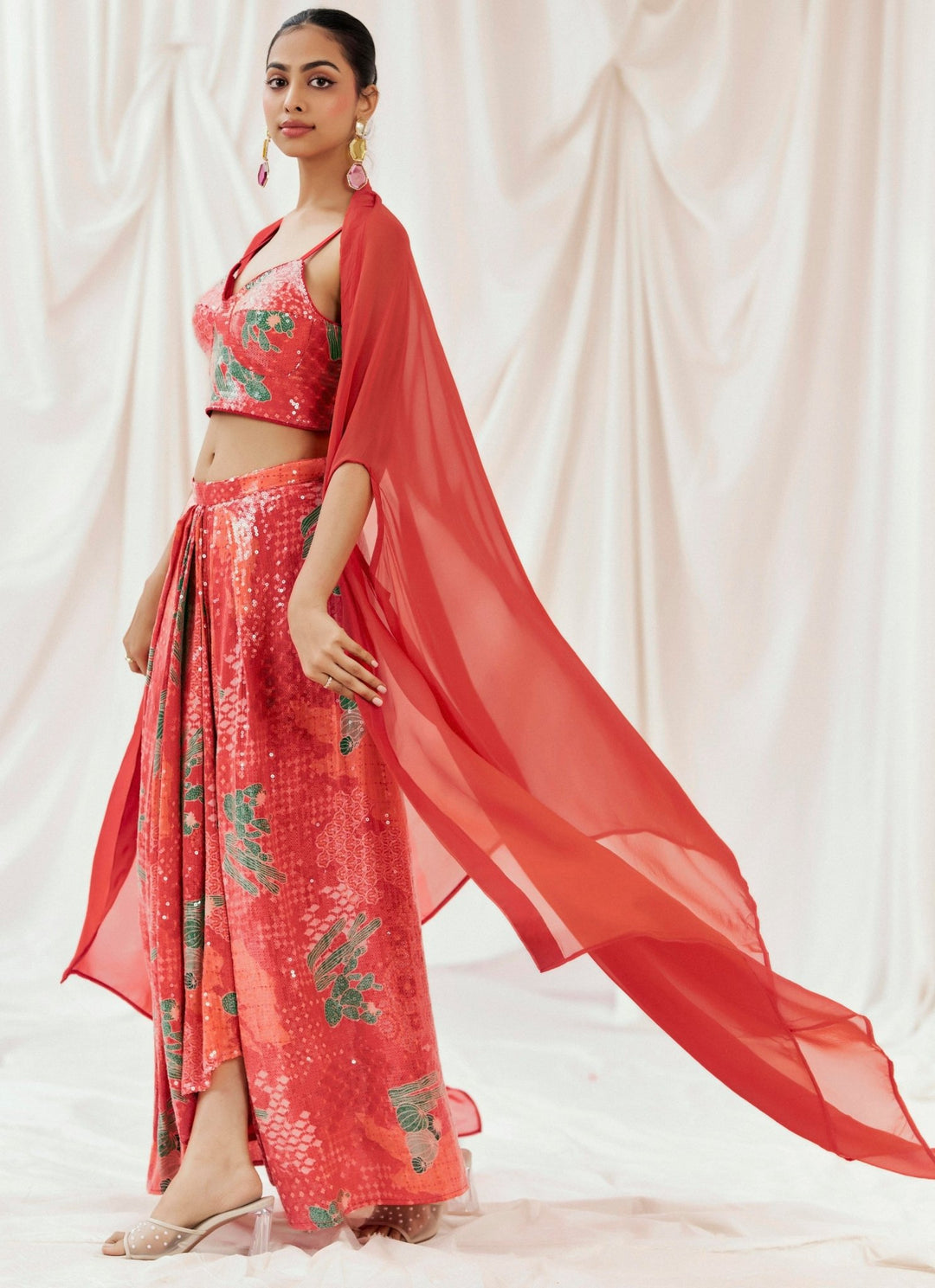 Red Printed Crepe Drape Skirt With Cape Redpine - Fabilicious Fashion