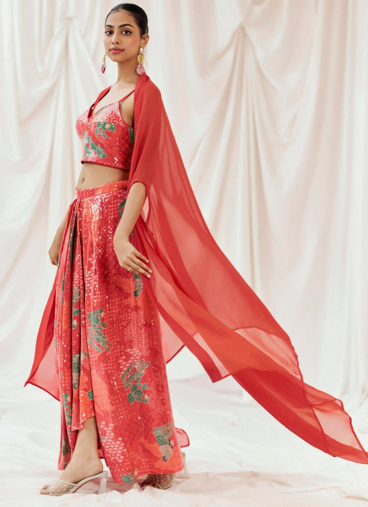 Red Printed Crepe Drape Skirt With Cape Redpine - Fabilicious Fashion
