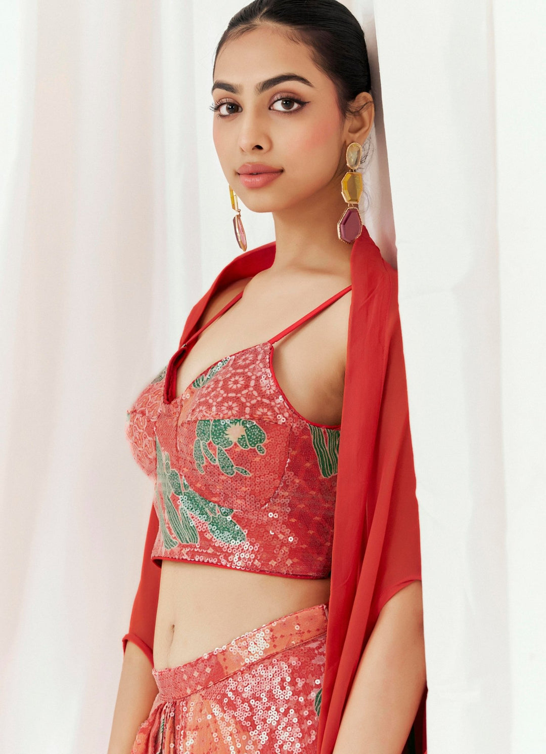 Red Printed Crepe Drape Skirt With Cape Redpine - Fabilicious Fashion