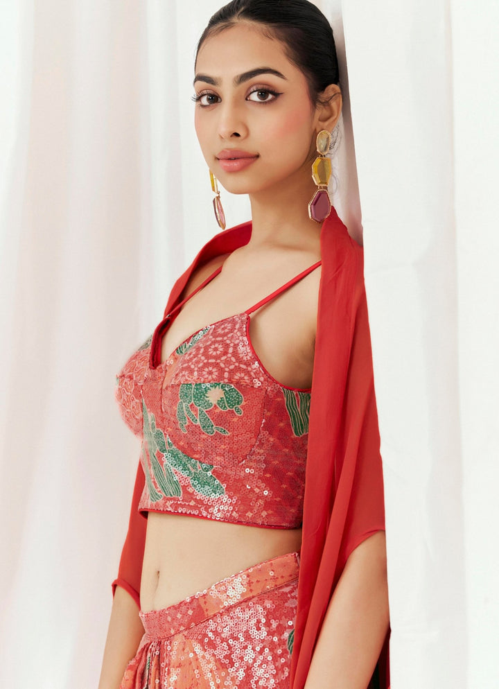 Red Printed Crepe Drape Skirt With Cape Redpine - Fabilicious Fashion