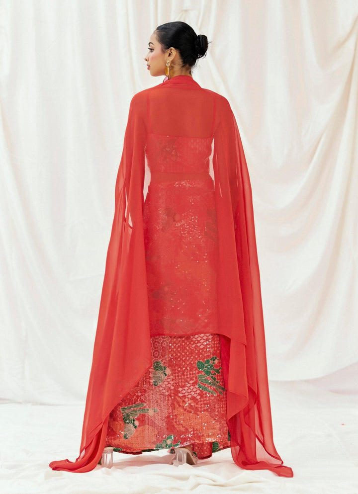 Red Printed Crepe Drape Skirt With Cape Redpine - Fabilicious Fashion