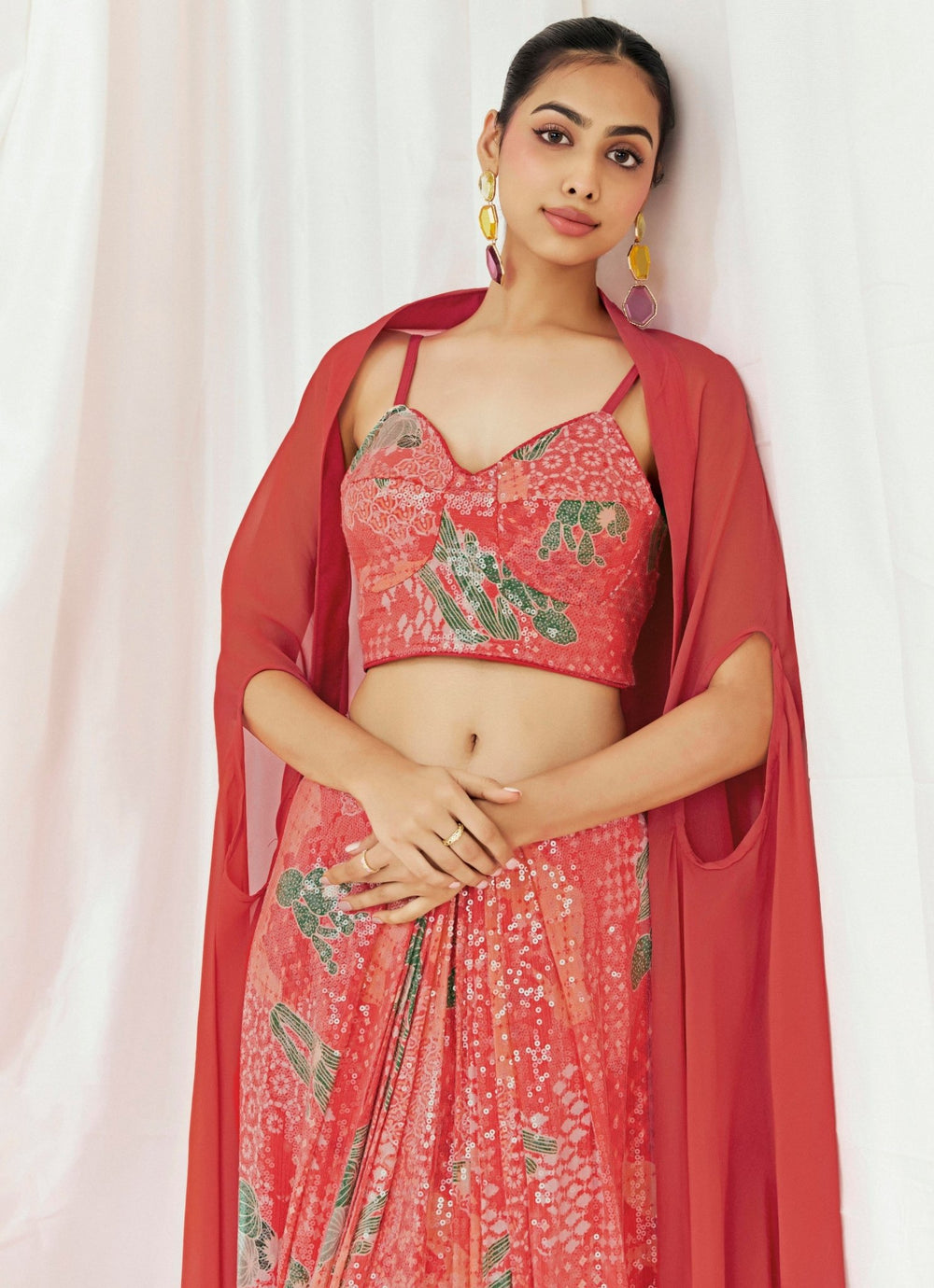 Red Printed Crepe Drape Skirt With Cape Redpine - Fabilicious Fashion