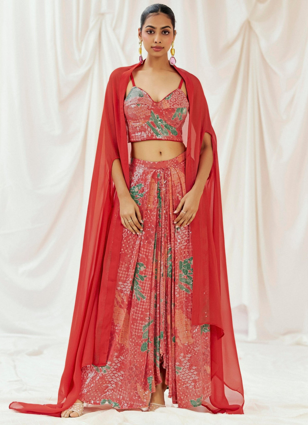 Red Printed Crepe Drape Skirt With Cape Redpine - Fabilicious Fashion