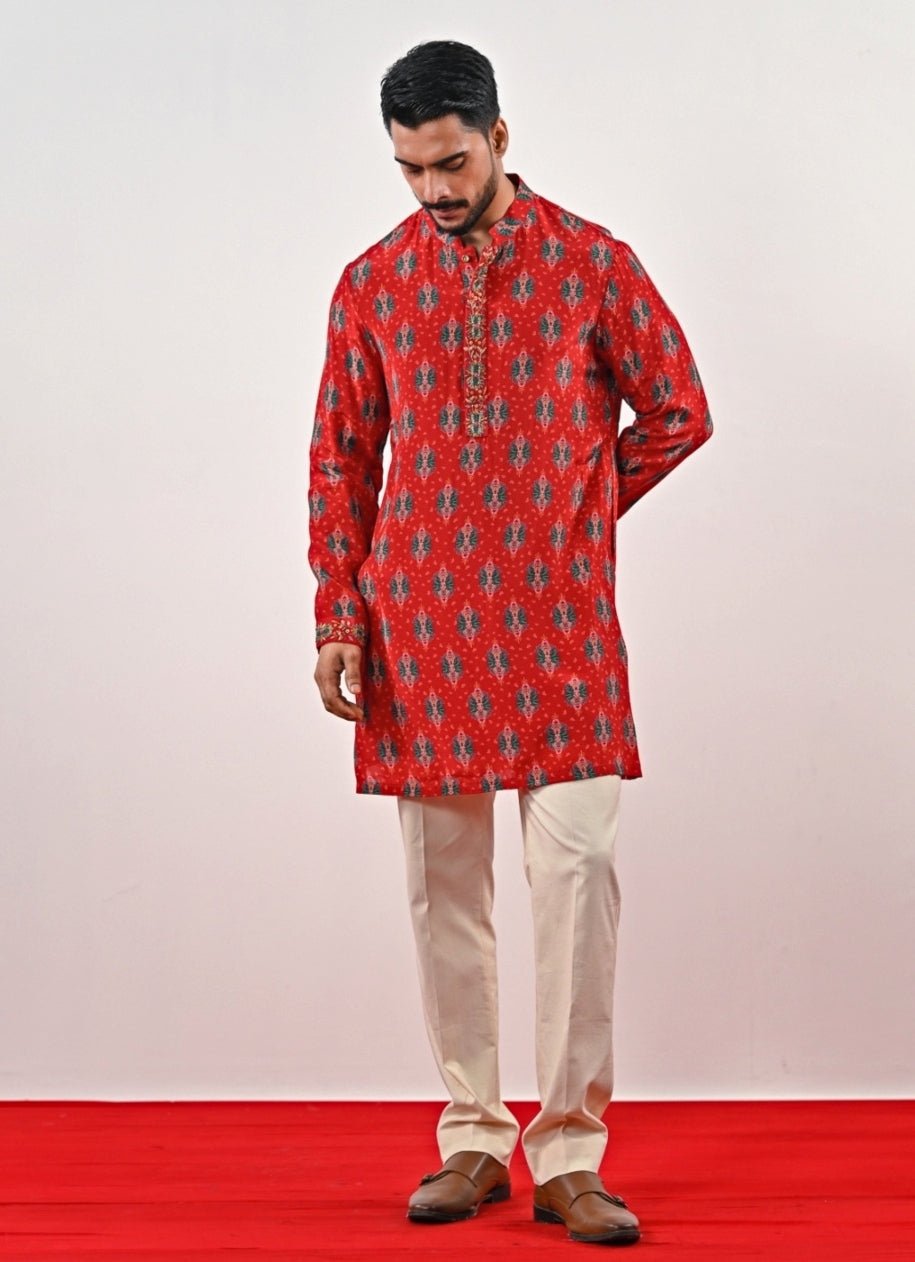 Red Printed Crepe Kurta Juhi Bengani - Men - Fabilicious Fashion