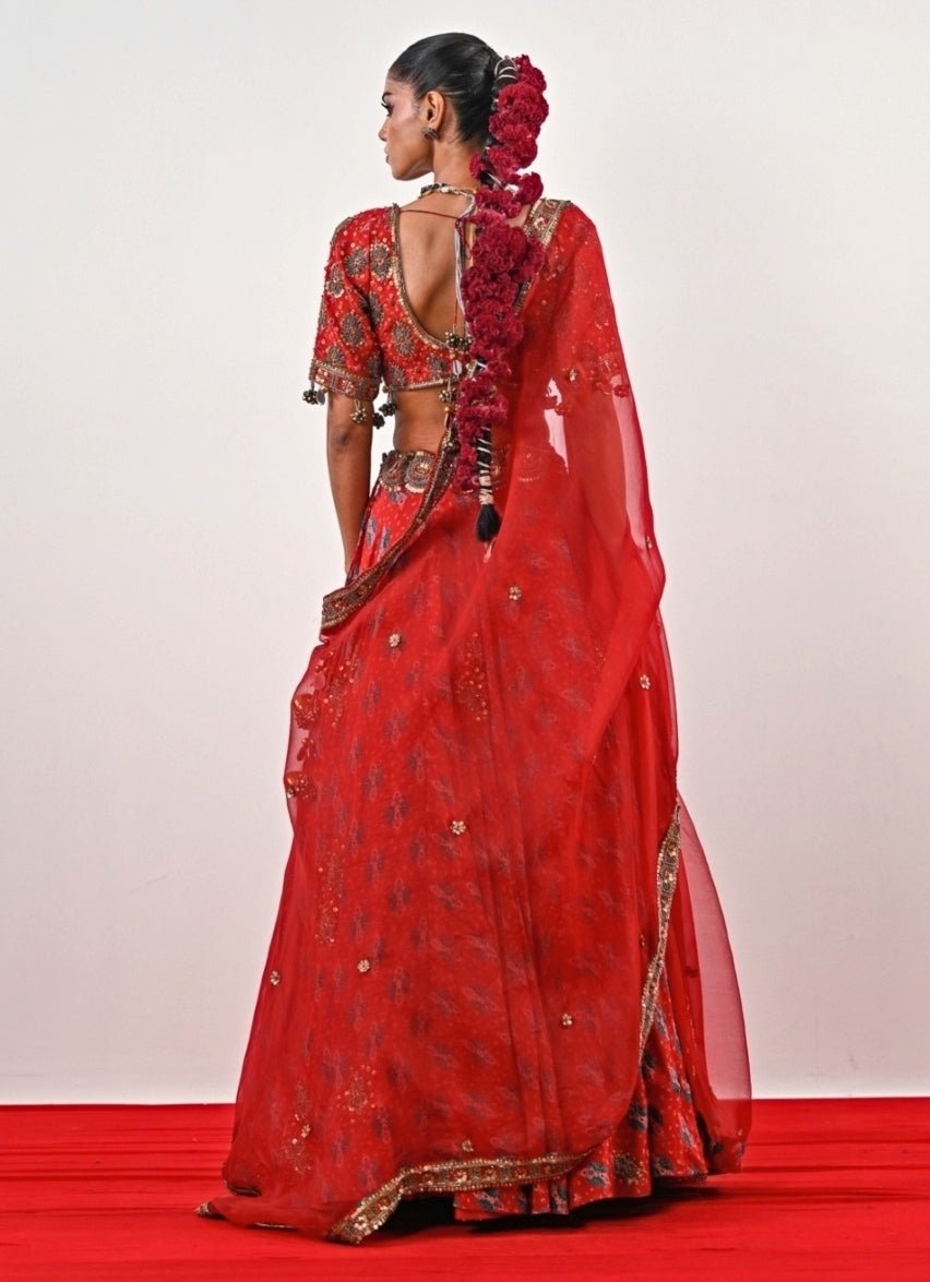 Red Printed Crepe Lehenga Set Juhi Bengani - Fabilicious Fashion
