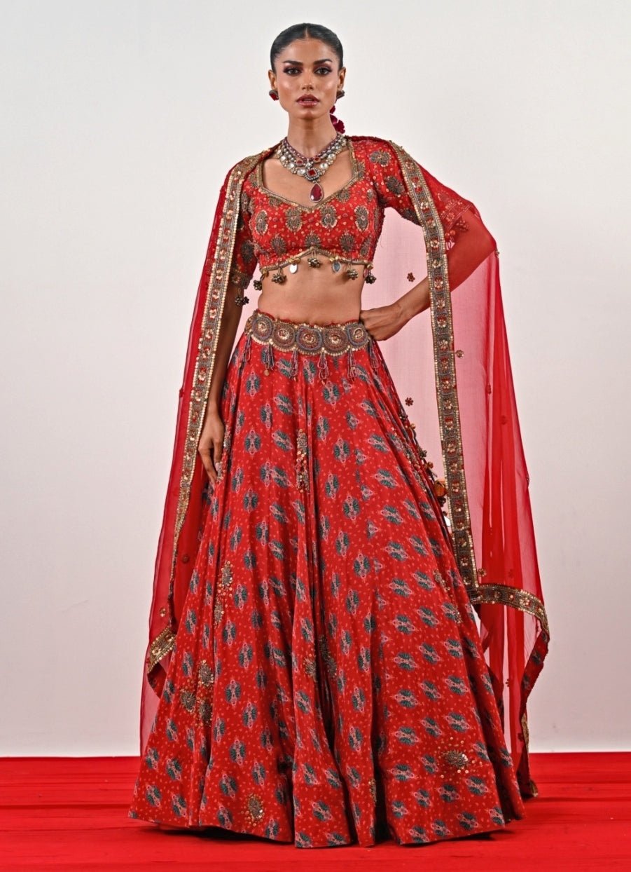 Red Printed Crepe Lehenga Set Juhi Bengani - Fabilicious Fashion