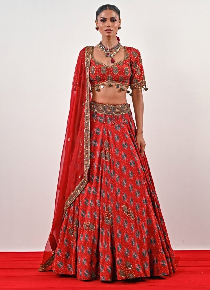 Red Printed Crepe Lehenga Set Juhi Bengani - Fabilicious Fashion