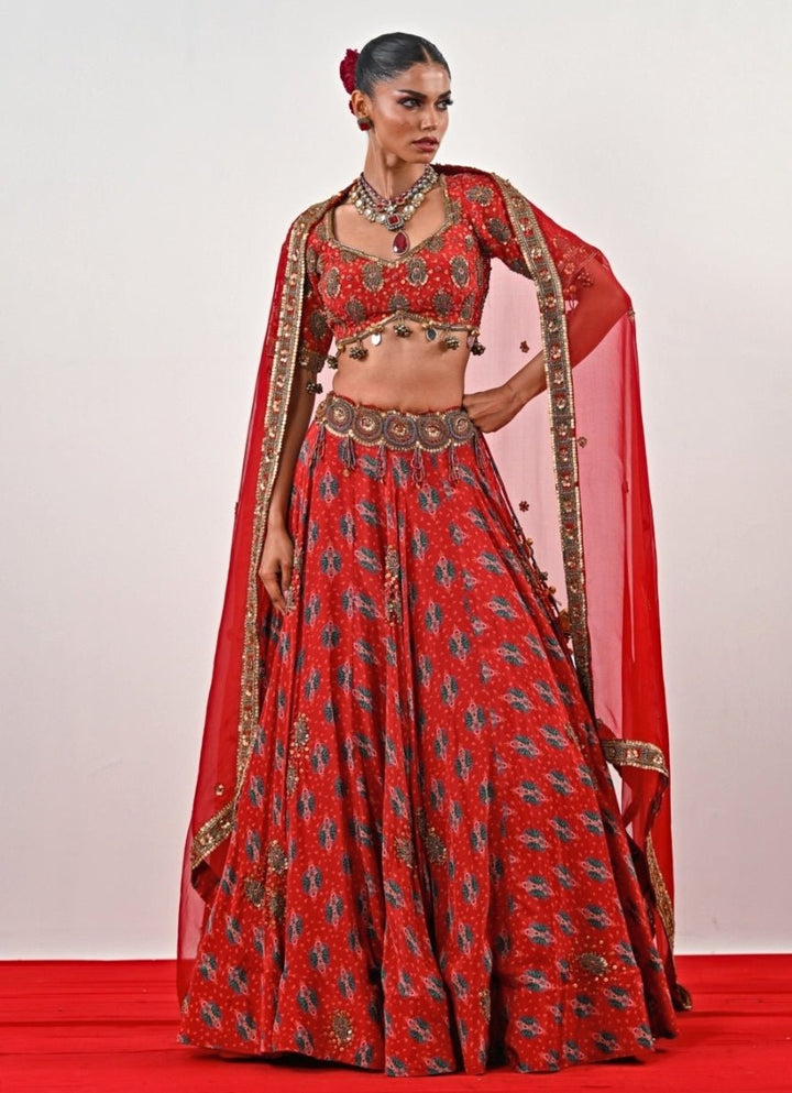 Red Printed Crepe Lehenga Set Juhi Bengani - Fabilicious Fashion