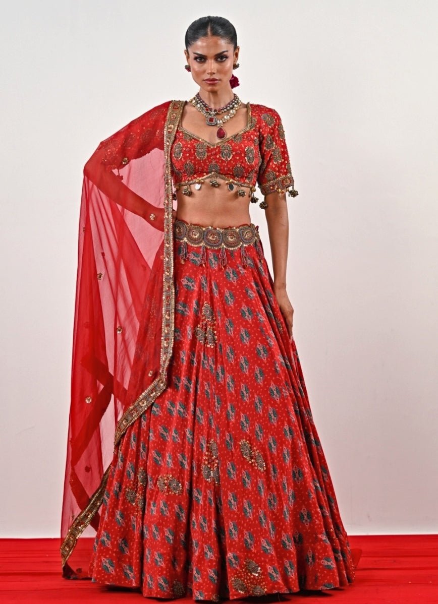 Red Printed Crepe Lehenga Set Juhi Bengani - Fabilicious Fashion