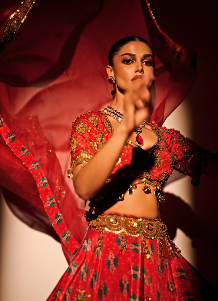 Red Printed Crepe Lehenga Set Juhi Bengani - Fabilicious Fashion