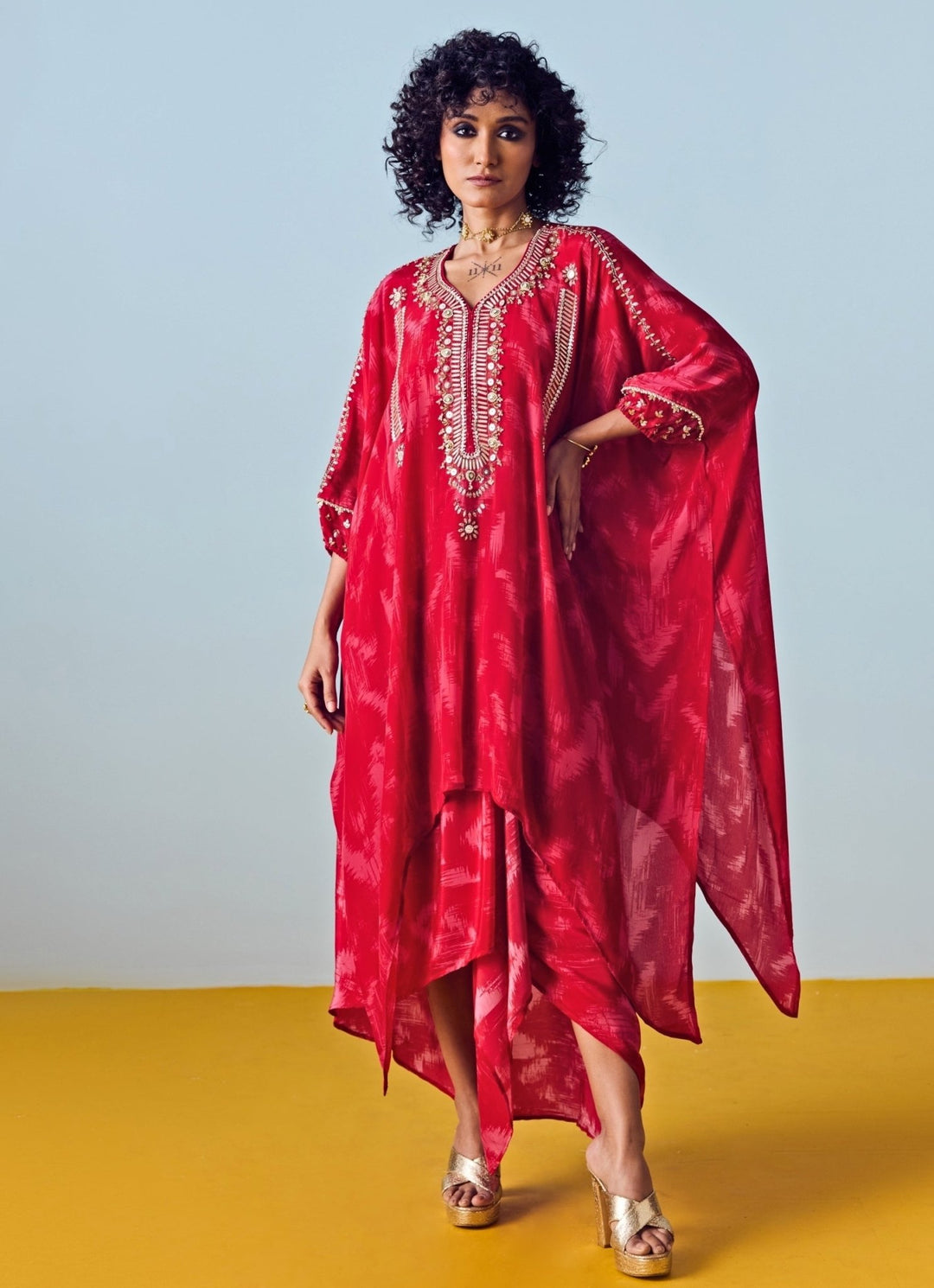 Red Printed Crepe Silk Kaftan Drape Skirt Set Prahnaaya - Fabilicious Fashion