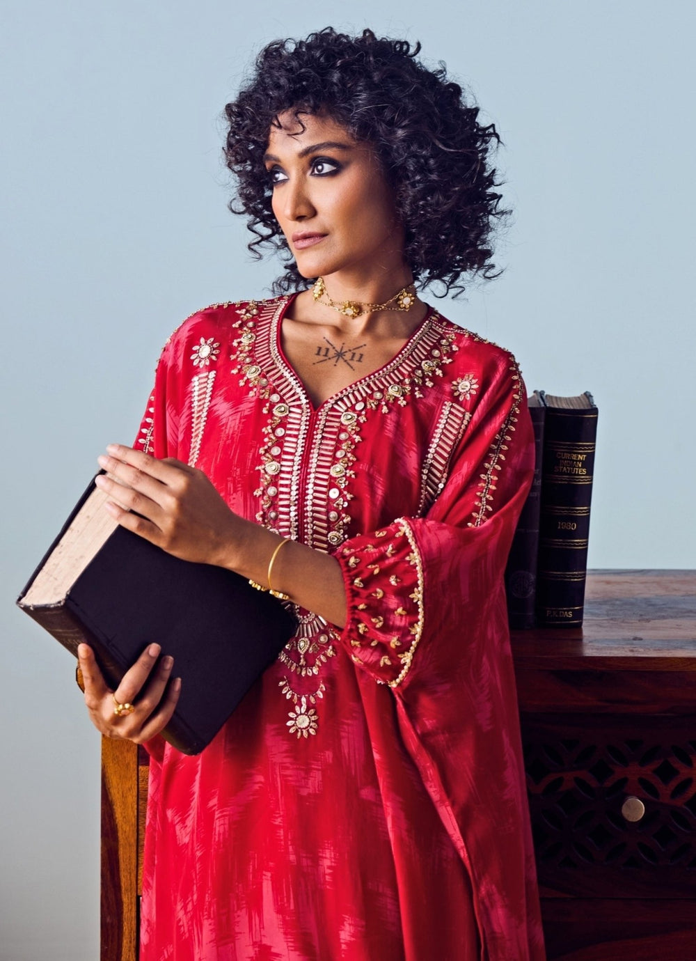 Red Printed Crepe Silk Kaftan Drape Skirt Set Prahnaaya - Fabilicious Fashion