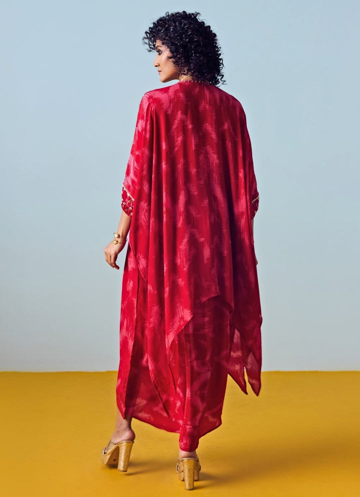 Red Printed Crepe Silk Kaftan Drape Skirt Set Prahnaaya - Fabilicious Fashion