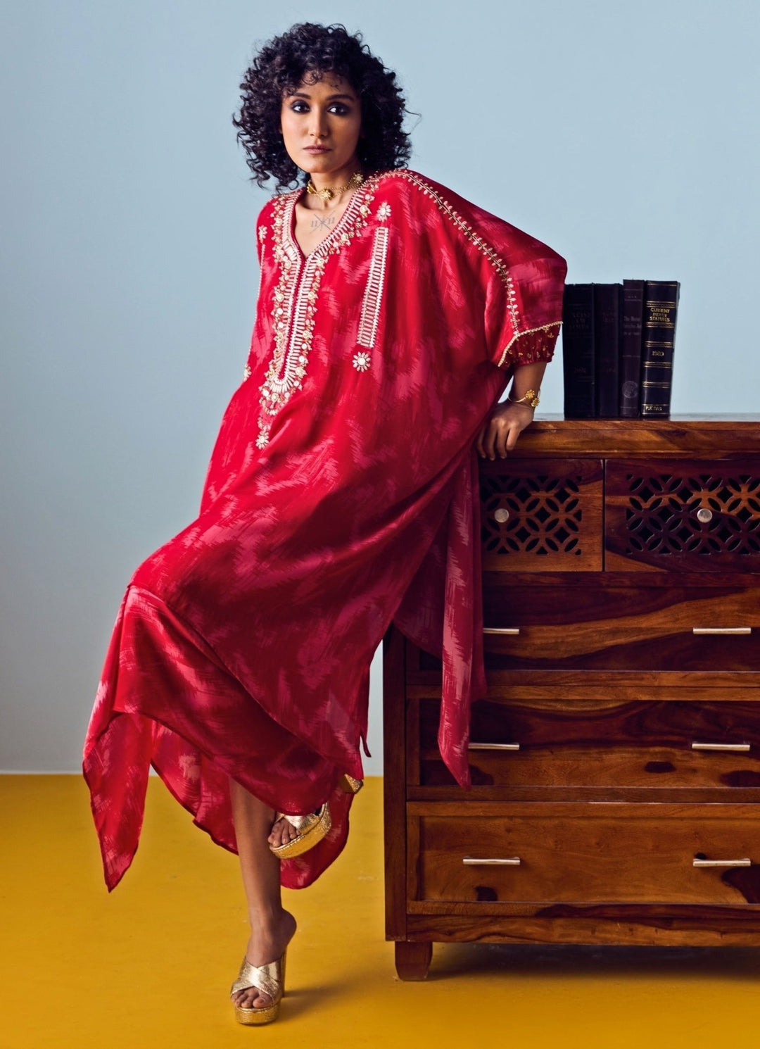 Red Printed Crepe Silk Kaftan Drape Skirt Set Prahnaaya - Fabilicious Fashion