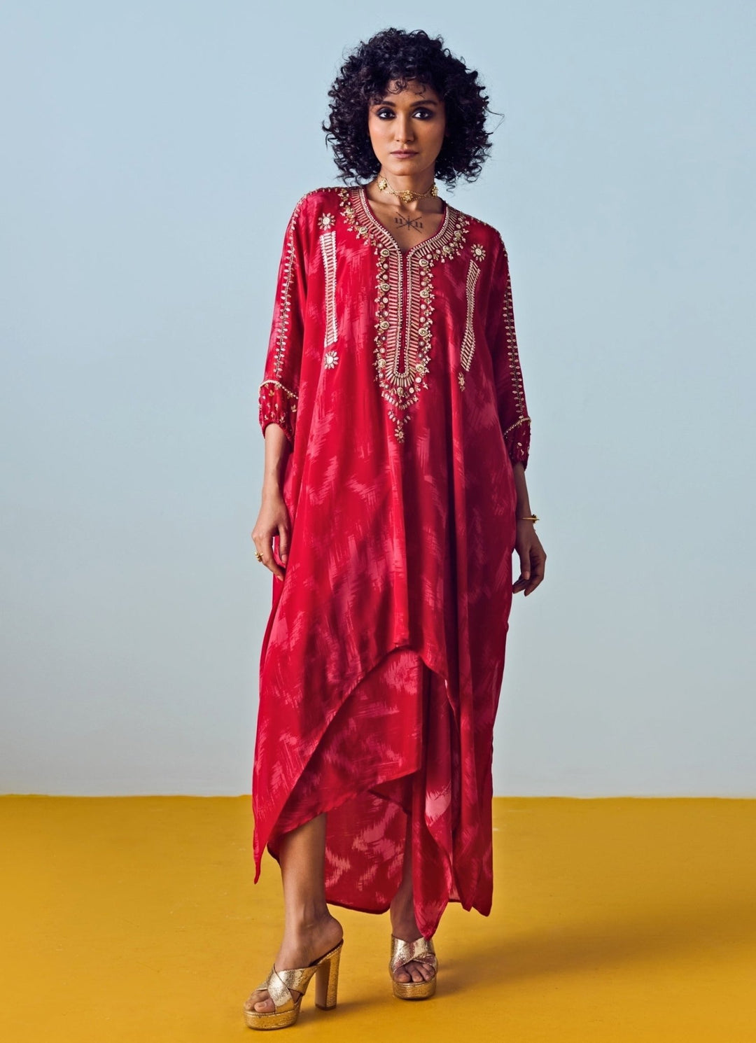 Red Printed Crepe Silk Kaftan Drape Skirt Set Prahnaaya - Fabilicious Fashion