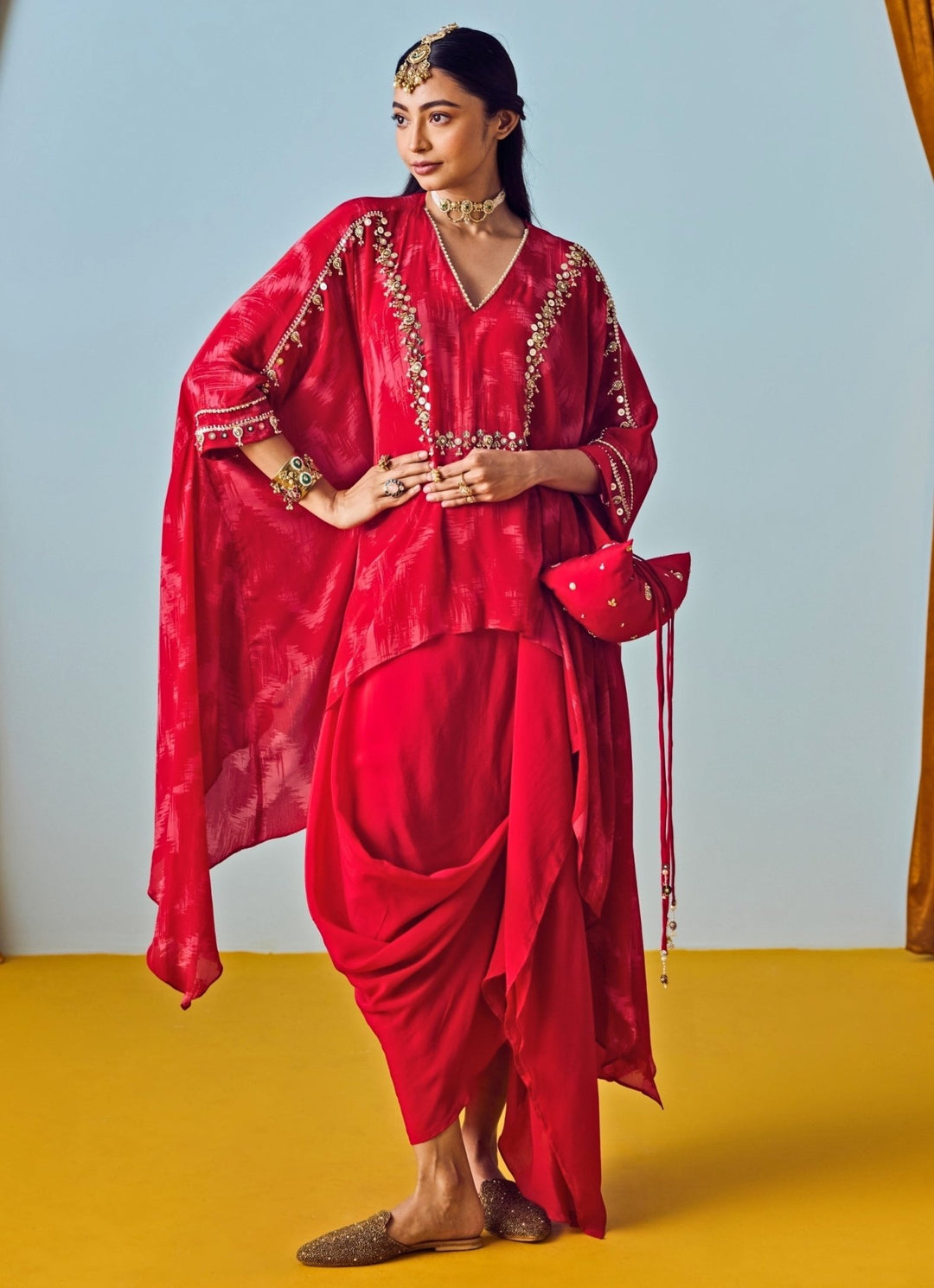 Red Printed Crepe Silk Tunic With Drape Skirt Prahnaaya - Fabilicious Fashion