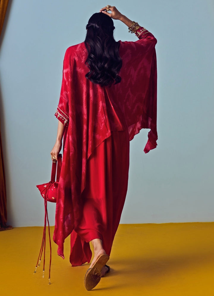 Red Printed Crepe Silk Tunic With Drape Skirt Prahnaaya - Fabilicious Fashion