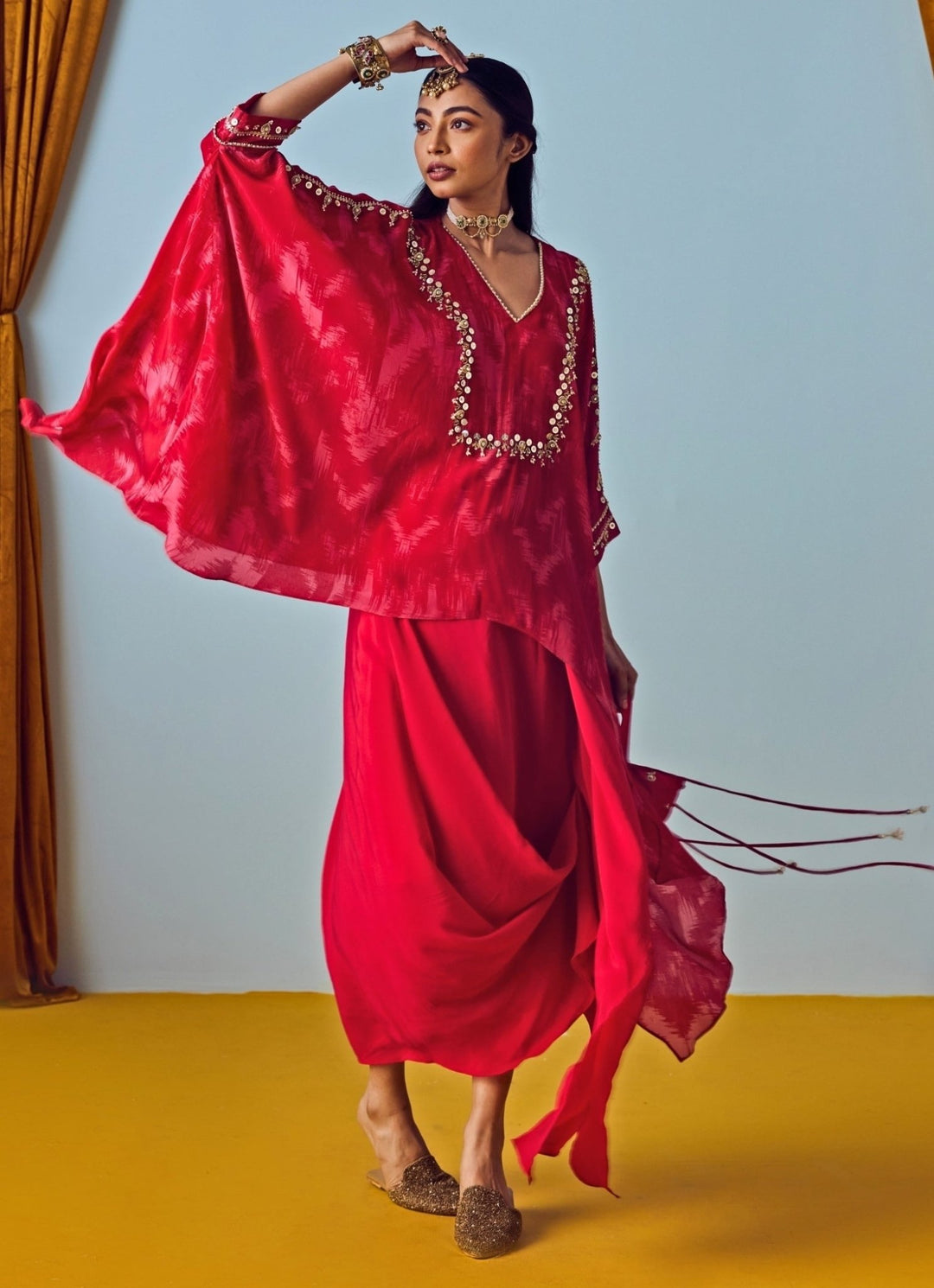 Red Printed Crepe Silk Tunic With Drape Skirt Prahnaaya - Fabilicious Fashion