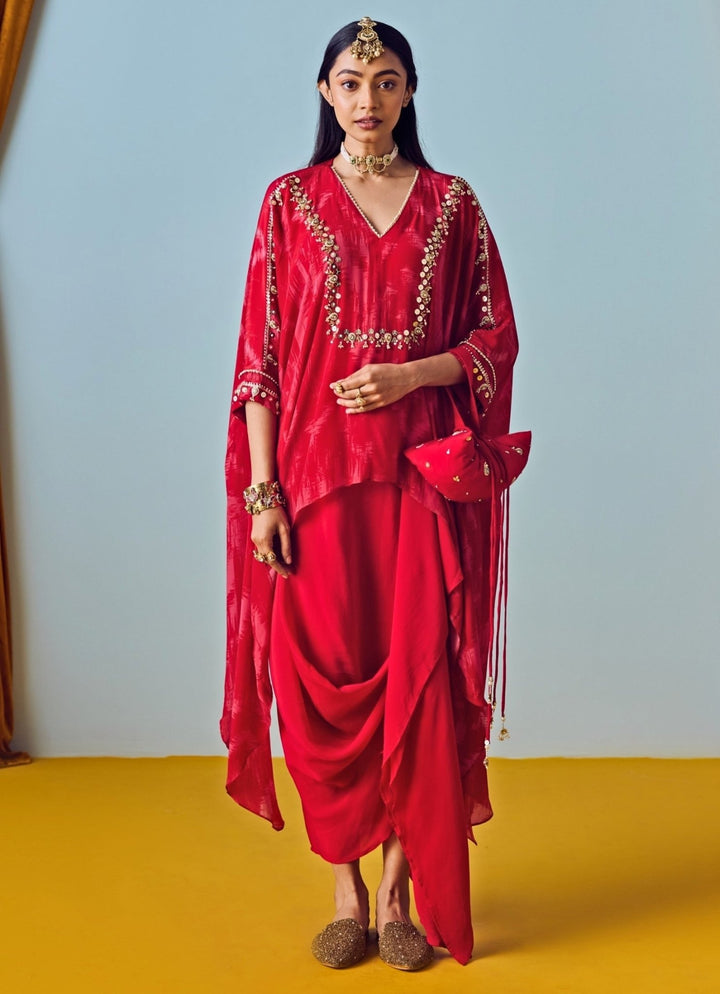 Red Printed Crepe Silk Tunic With Drape Skirt Prahnaaya - Fabilicious Fashion