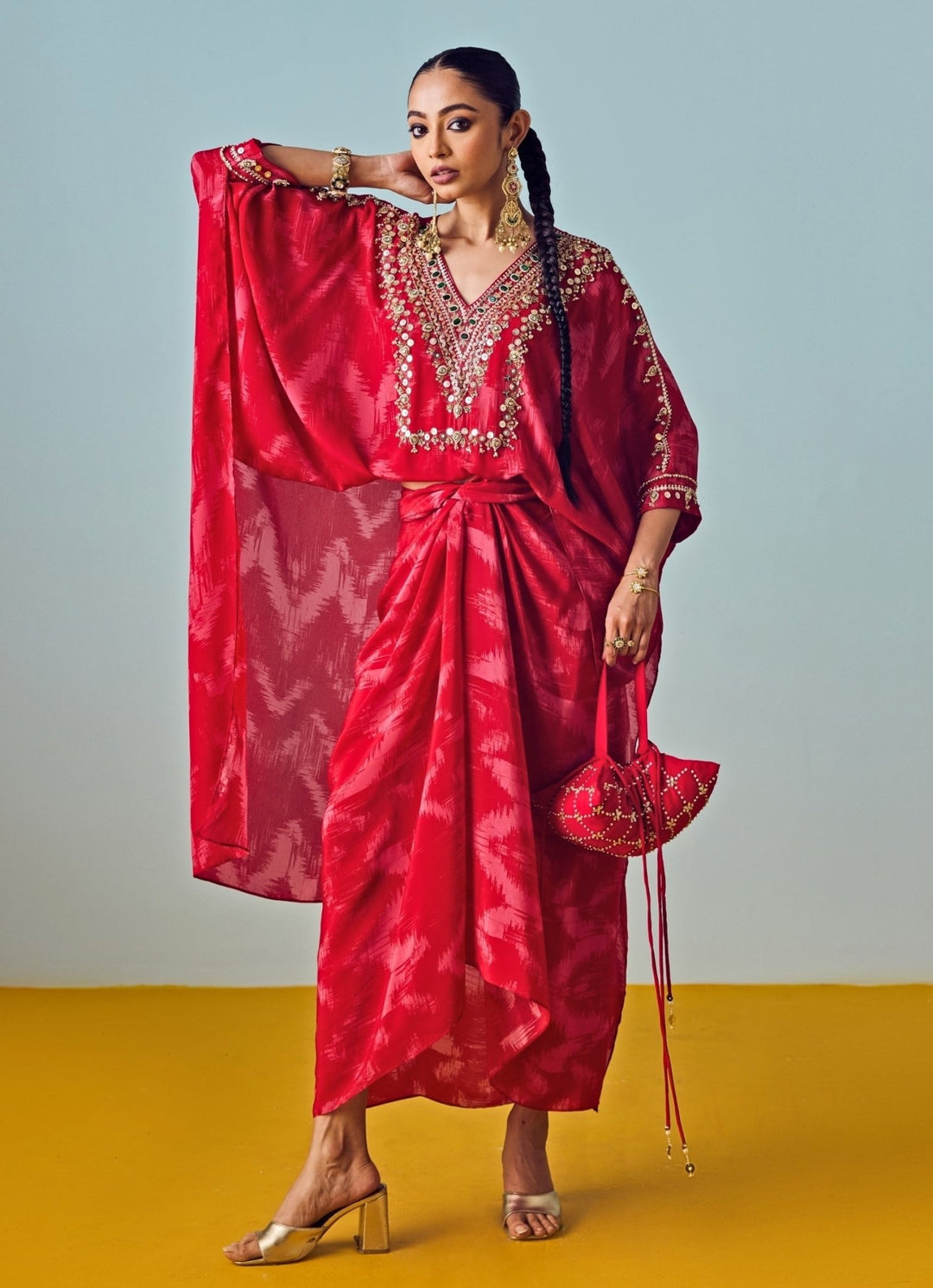 Red Printed Crepe Silk Wrap Skirt Set Prahnaaya - Fabilicious Fashion