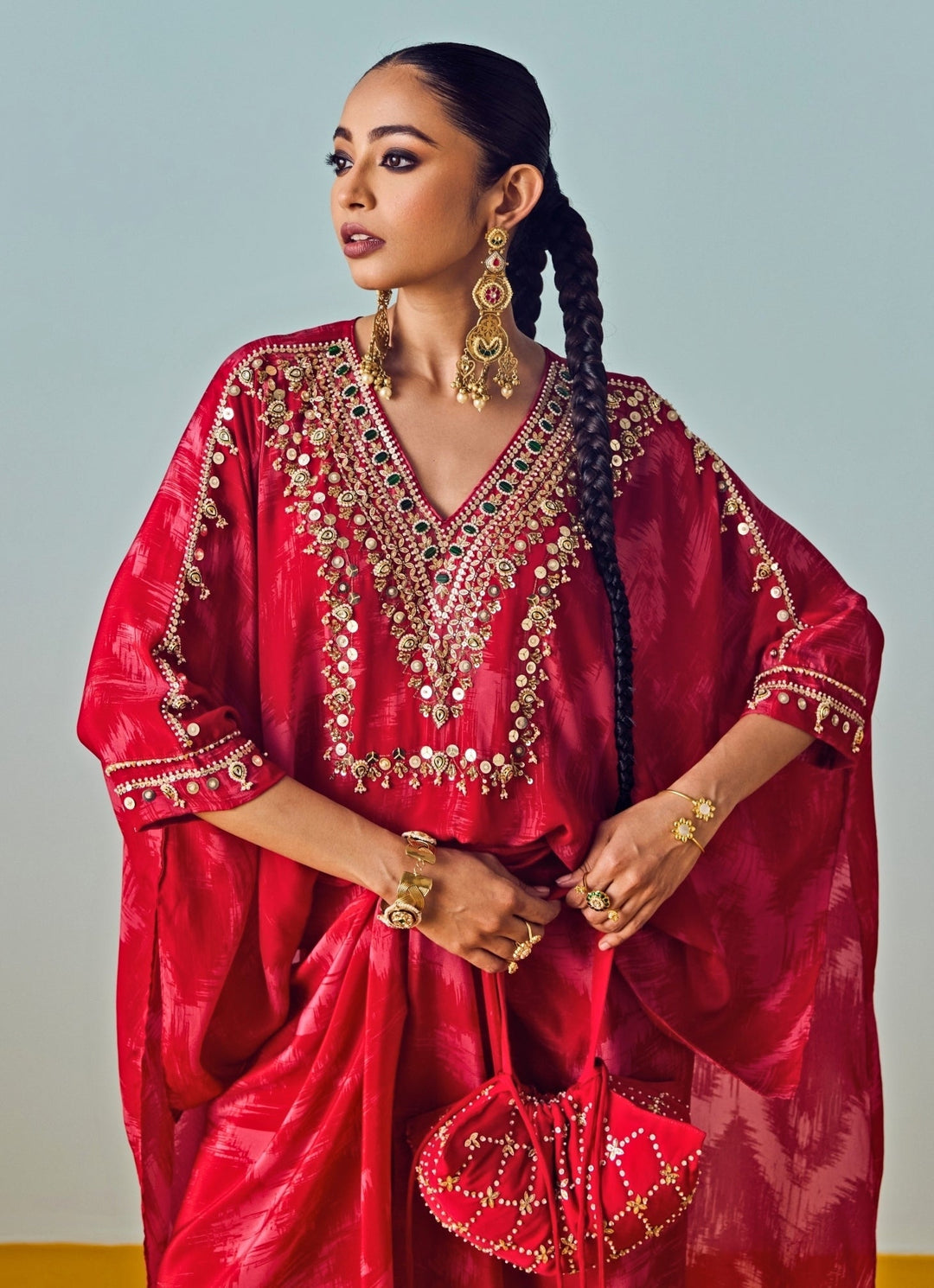 Red Printed Crepe Silk Wrap Skirt Set Prahnaaya - Fabilicious Fashion