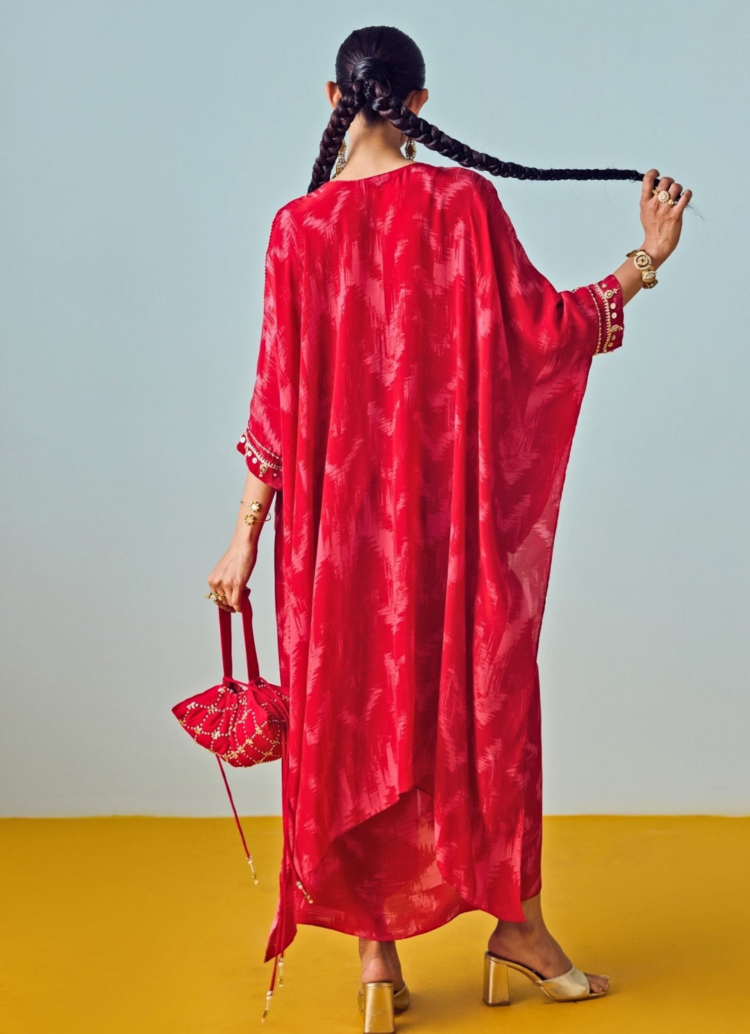 Red Printed Crepe Silk Wrap Skirt Set Prahnaaya - Fabilicious Fashion