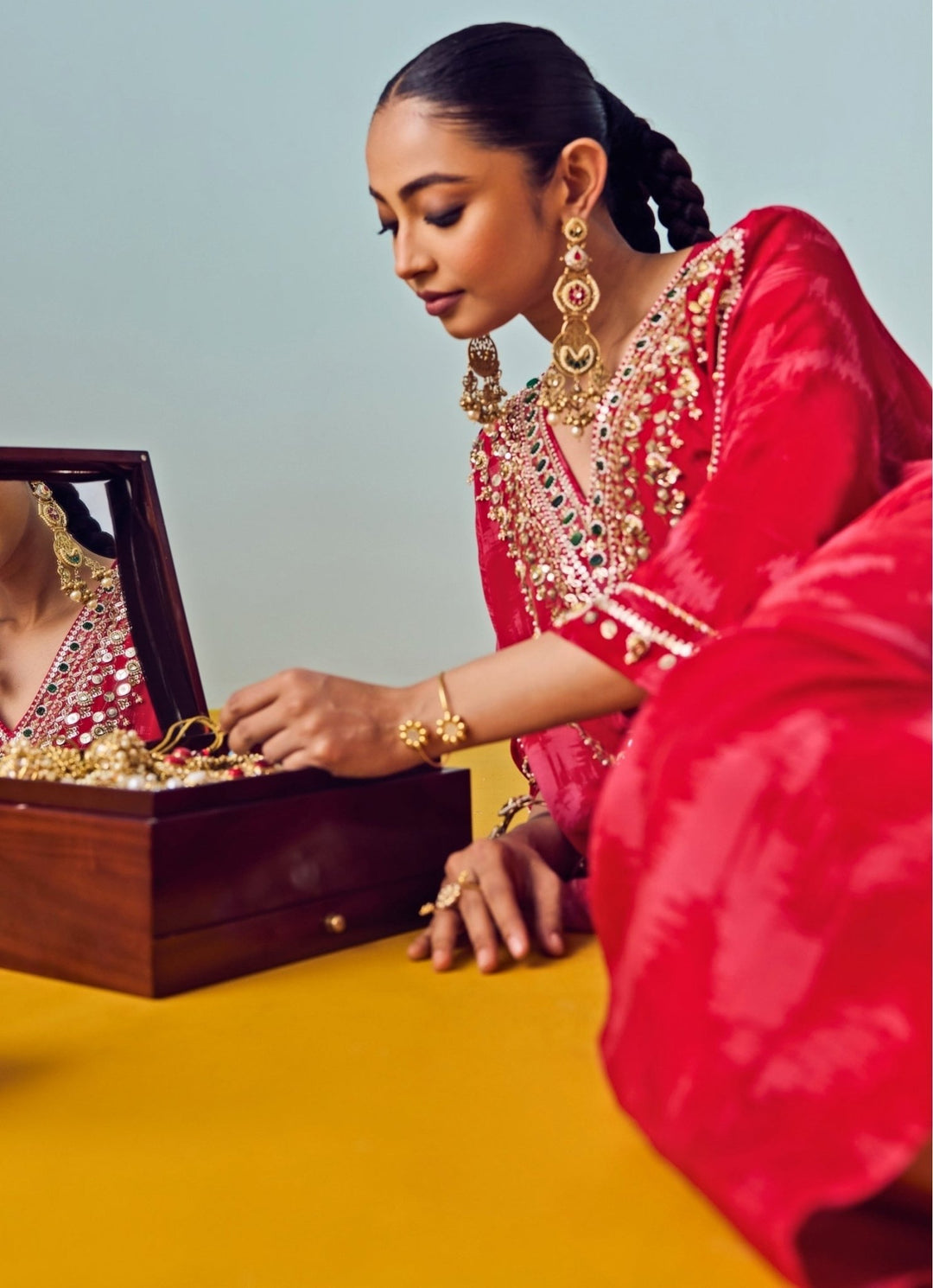 Red Printed Crepe Silk Wrap Skirt Set Prahnaaya - Fabilicious Fashion