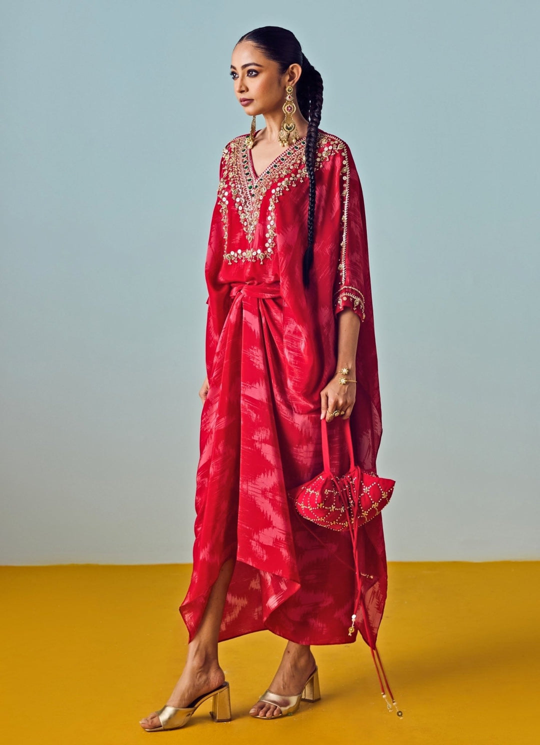 Red Printed Crepe Silk Wrap Skirt Set Prahnaaya - Fabilicious Fashion