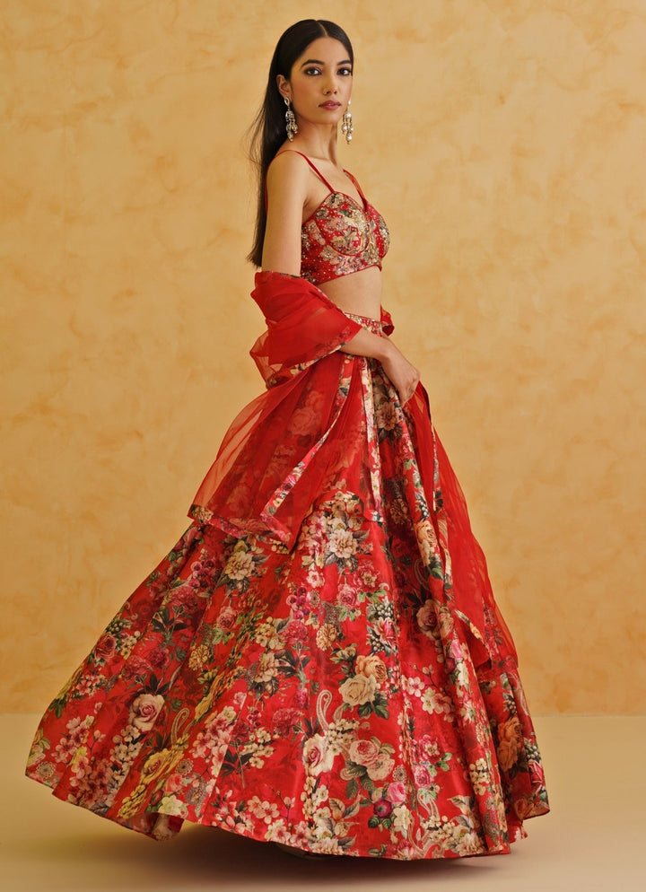 Red Printed Dupion Lehenga Set Deepika Chadha - Fabilicious Fashion