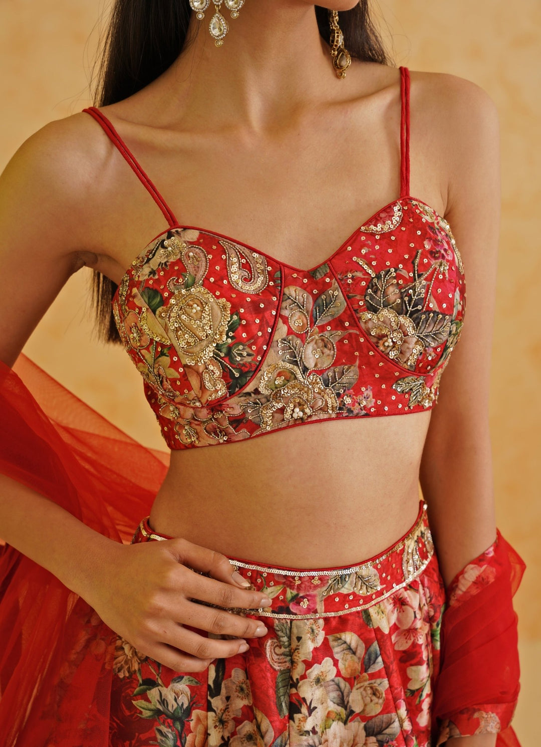 Red Printed Dupion Lehenga Set Deepika Chadha - Fabilicious Fashion
