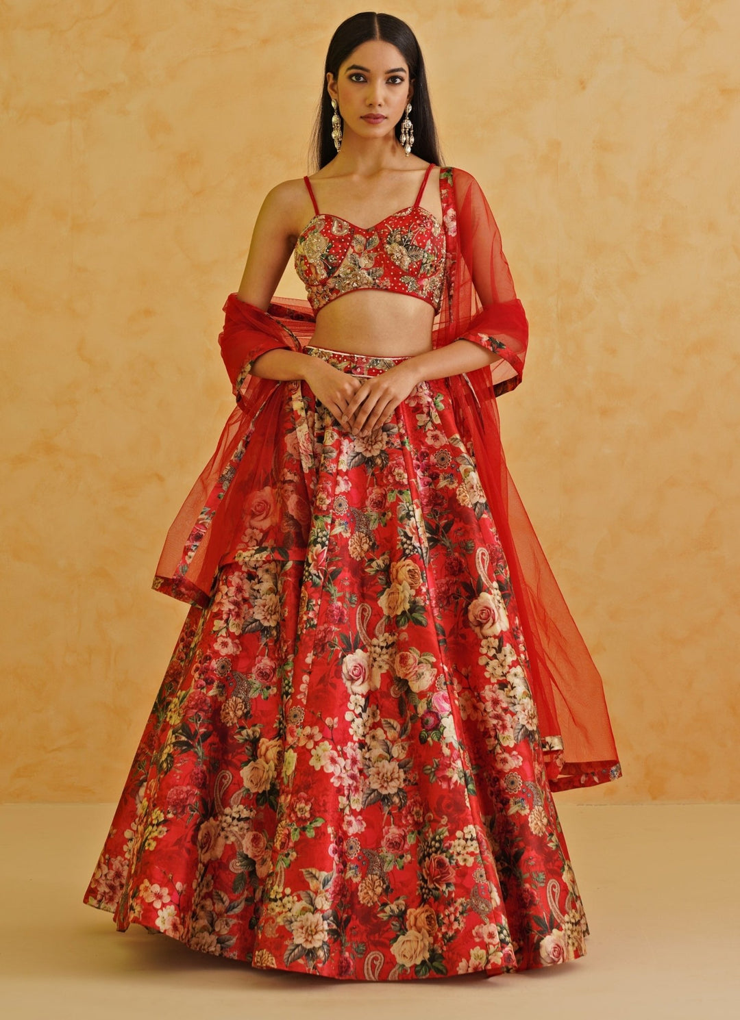 Red Printed Dupion Lehenga Set Deepika Chadha - Fabilicious Fashion