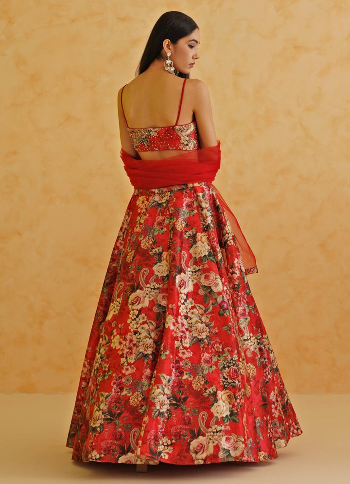 Red Printed Dupion Lehenga Set Deepika Chadha - Fabilicious Fashion