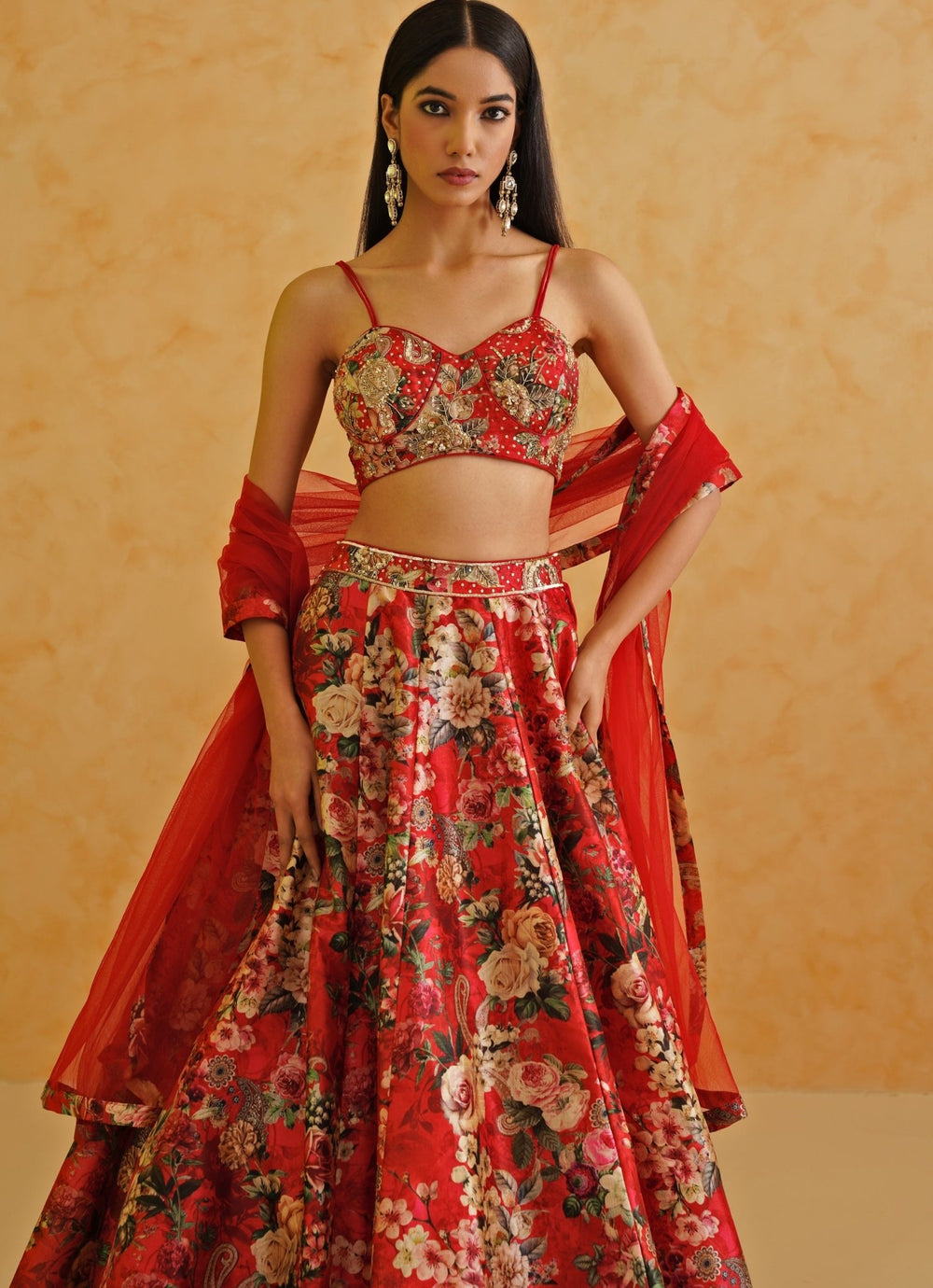 Red Printed Dupion Lehenga Set Deepika Chadha - Fabilicious Fashion