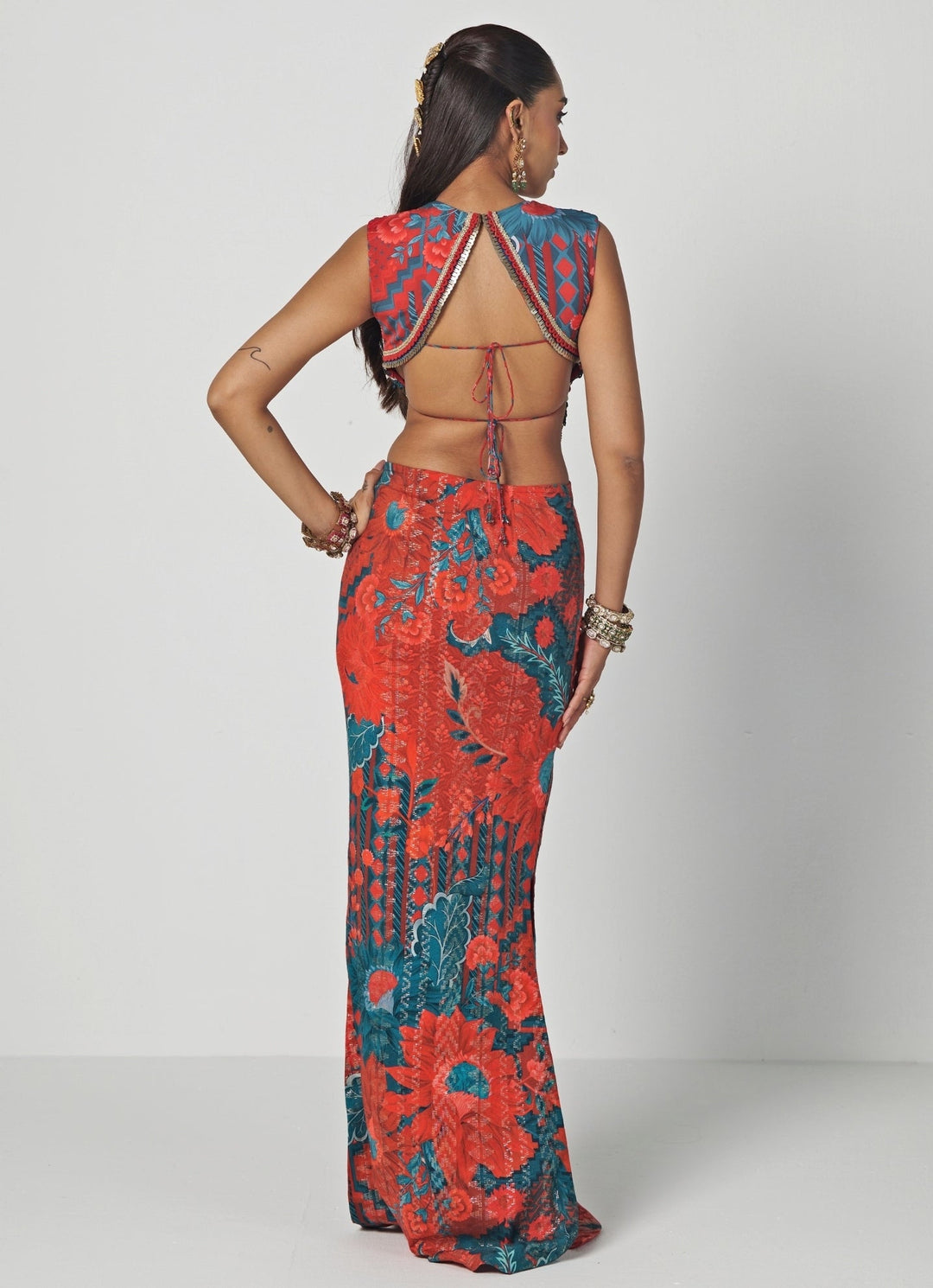 Rishi and Vibhuti Red Printed Dupion Silk Column Skirt Set With CorsetFabilicious Fashion