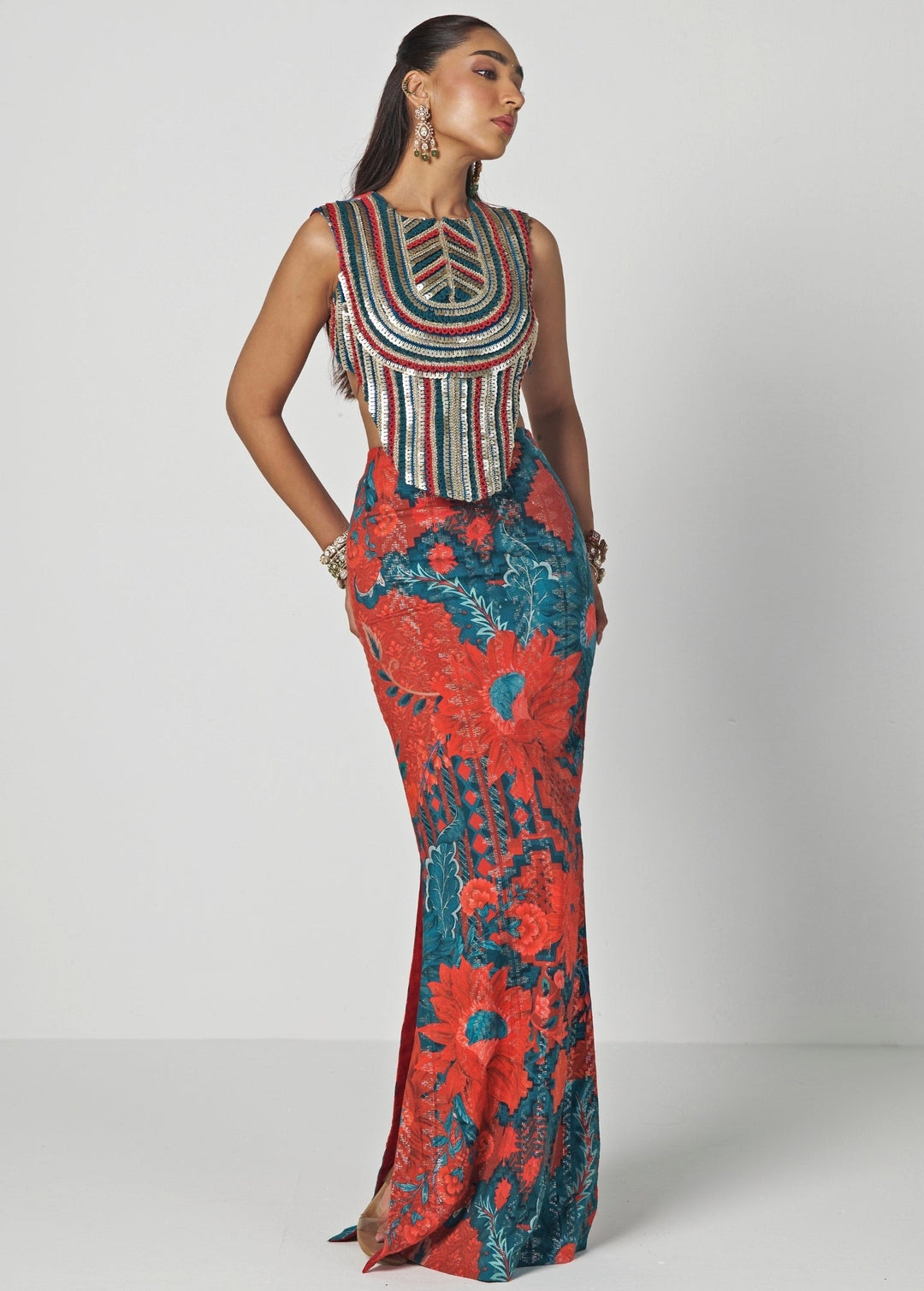 Rishi and Vibhuti Red Printed Dupion Silk Column Skirt Set With CorsetFabilicious Fashion