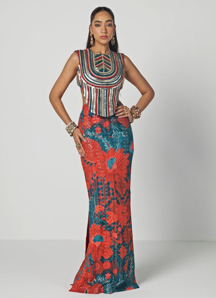 Rishi and Vibhuti Red Printed Dupion Silk Column Skirt Set With CorsetFabilicious Fashion