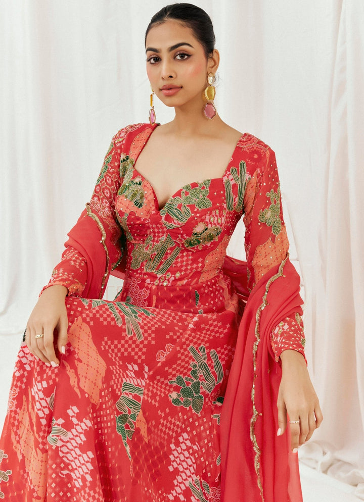 Red Printed Georgette Anarkali Set Redpine - Fabilicious Fashion
