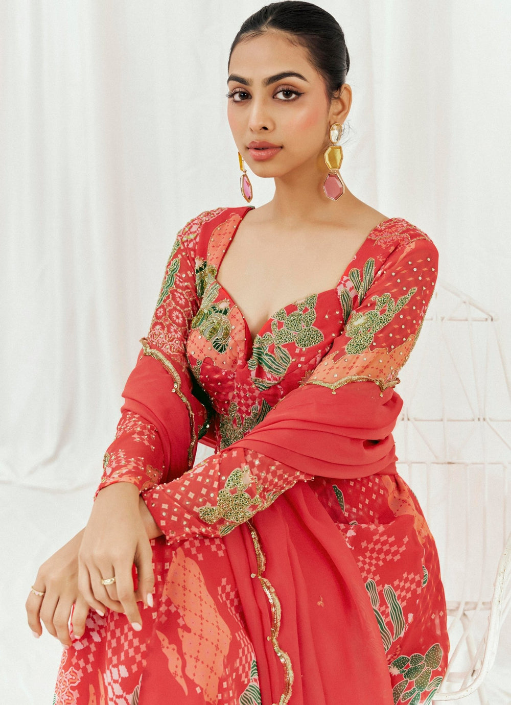 Red Printed Georgette Anarkali Set Redpine - Fabilicious Fashion