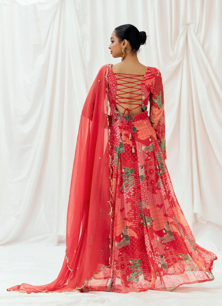 Red Printed Georgette Anarkali Set Redpine - Fabilicious Fashion