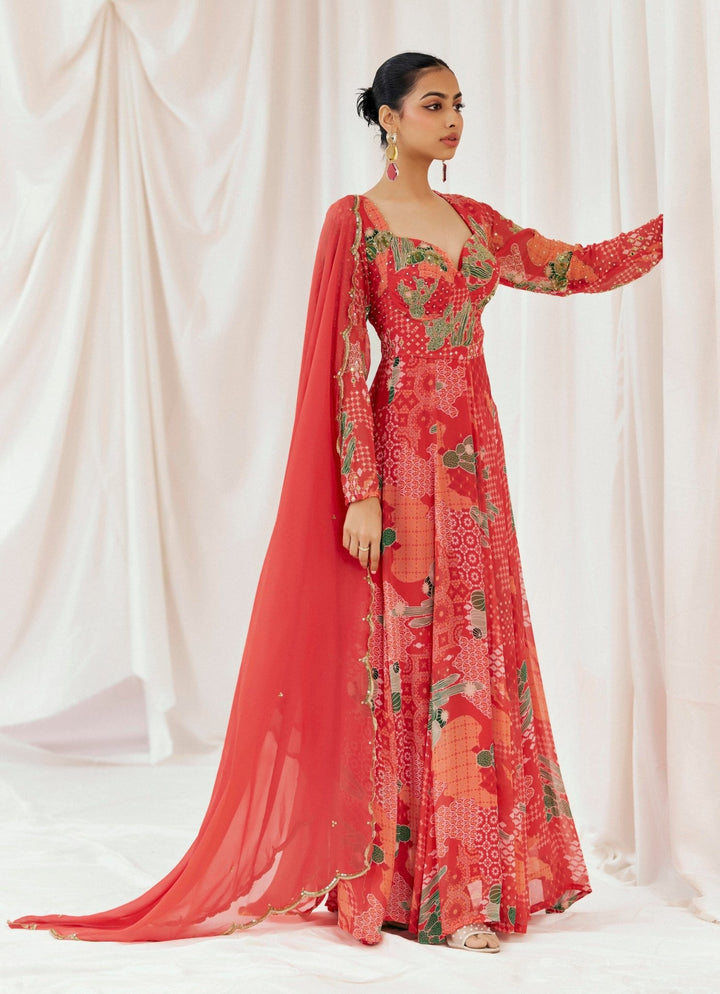 Red Printed Georgette Anarkali Set Redpine - Fabilicious Fashion