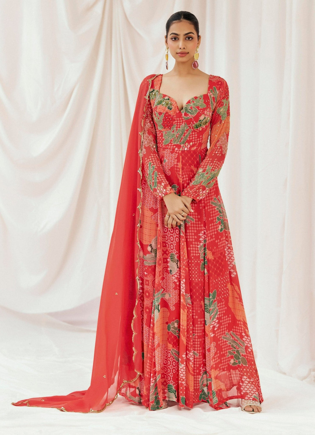 Red Printed Georgette Anarkali Set Redpine - Fabilicious Fashion