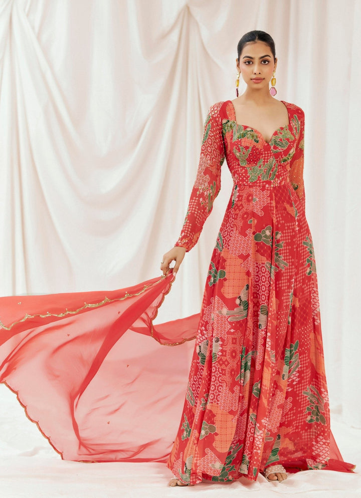 Red Printed Georgette Anarkali Set Redpine - Fabilicious Fashion