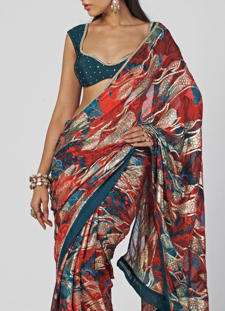 Rishi and Vibhuti Red Printed Georgette Jacquard SareeFabilicious Fashion