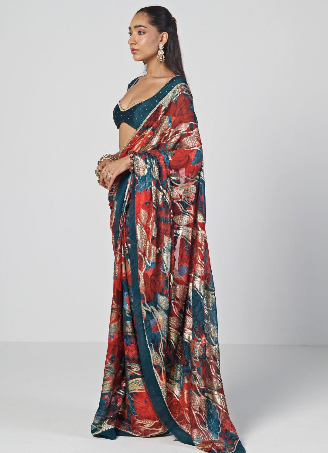 Rishi and Vibhuti Red Printed Georgette Jacquard SareeFabilicious Fashion