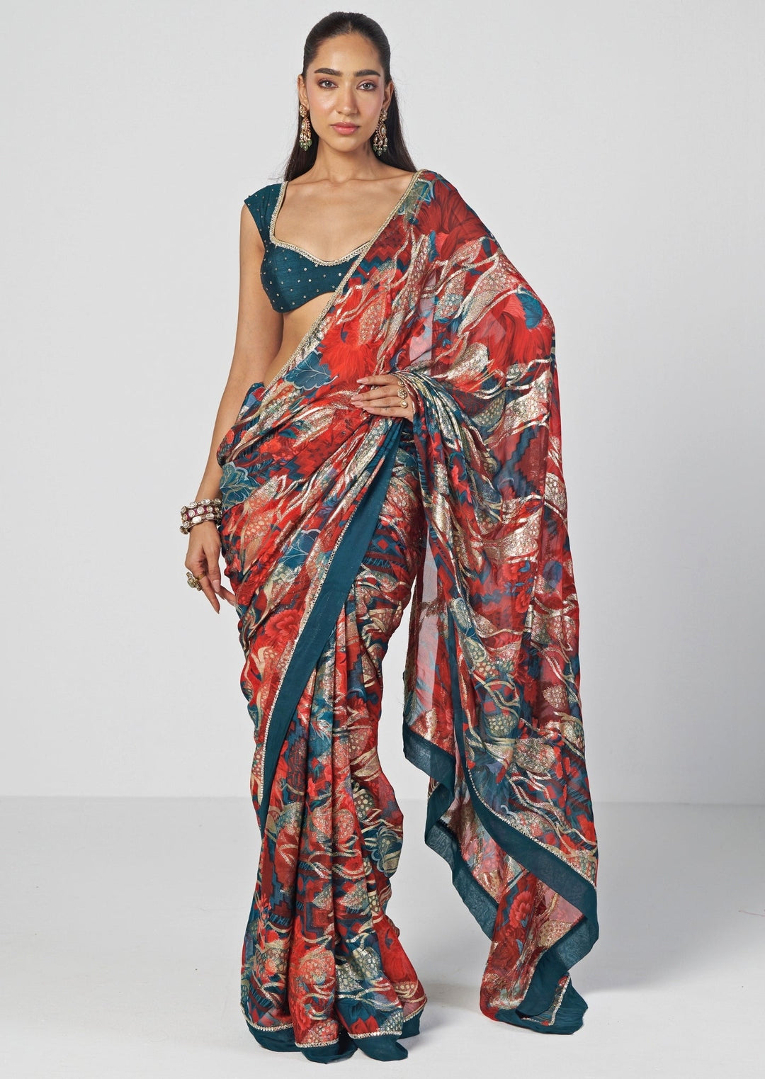 Rishi and Vibhuti Red Printed Georgette Jacquard SareeFabilicious Fashion