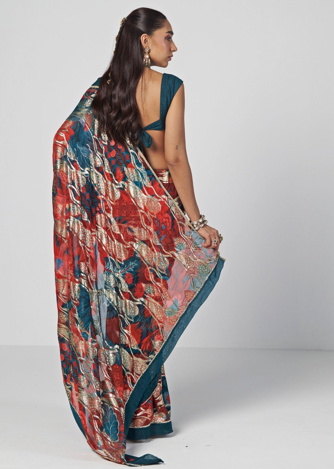 Rishi and Vibhuti Red Printed Georgette Jacquard SareeFabilicious Fashion