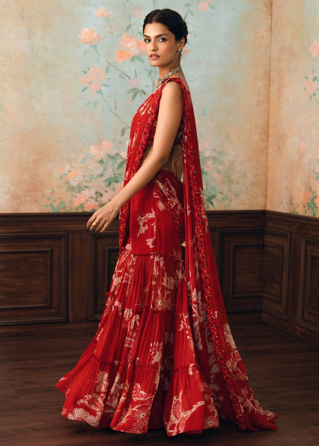 Paulmi and Harsh Red Printed Georgette Pants Saree SetFabilicious Fashion