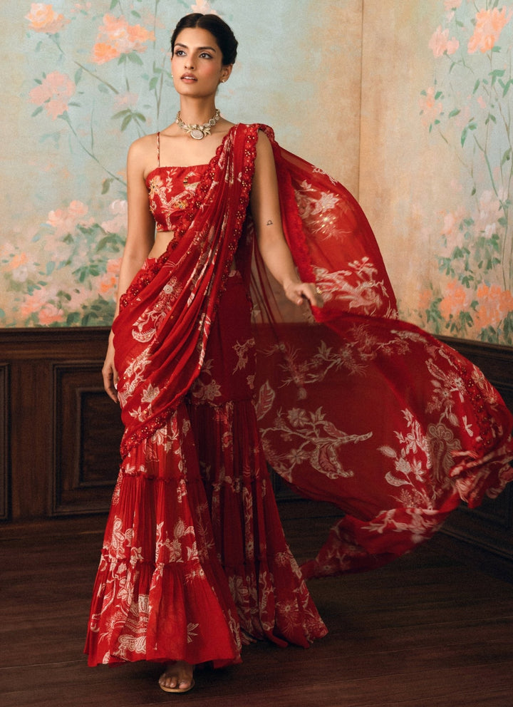 Paulmi and Harsh Red Printed Georgette Pants Saree SetFabilicious Fashion